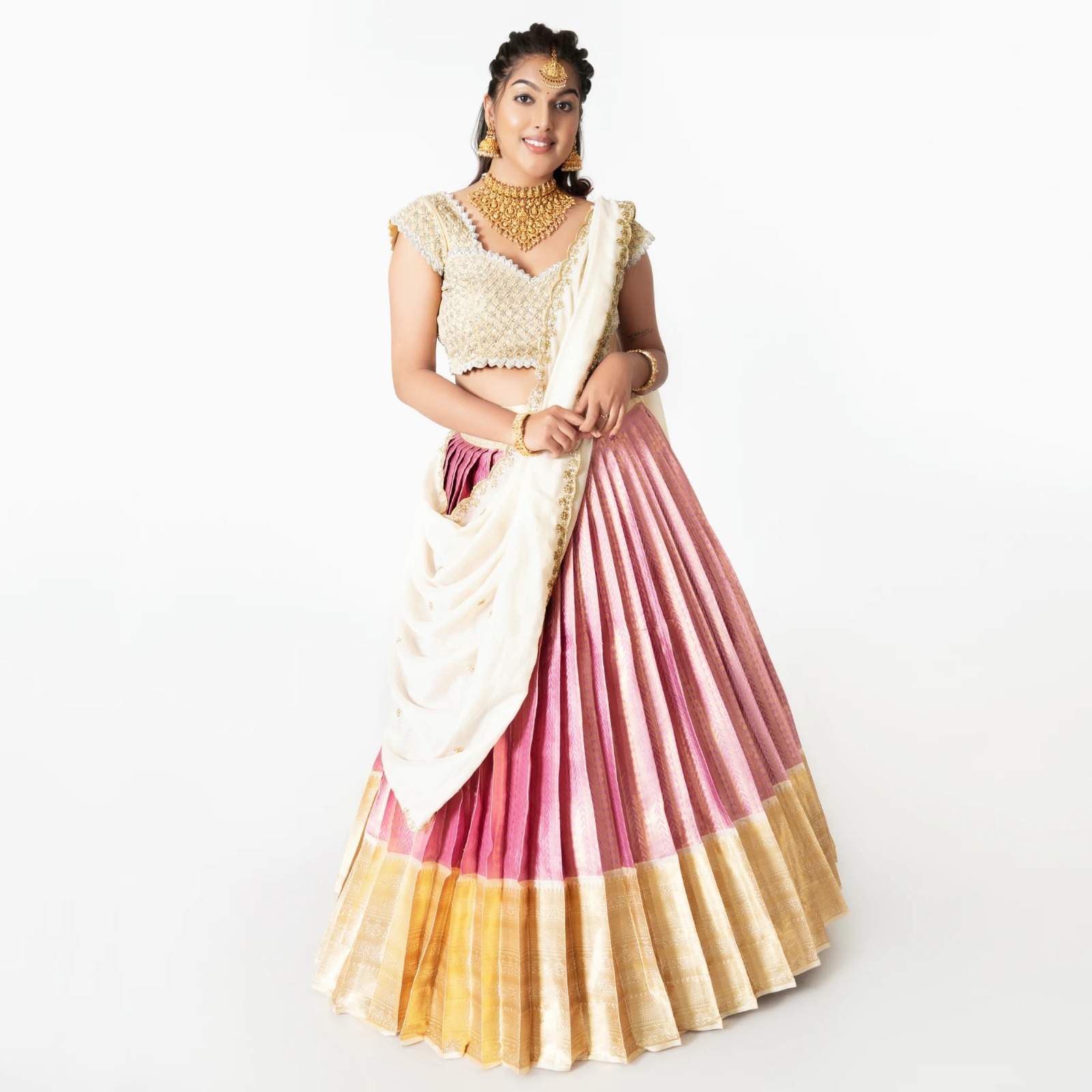 Buy Pink and Ivory Half Saree Online – A Perfect Blend of Tradition and Bridal Elegance