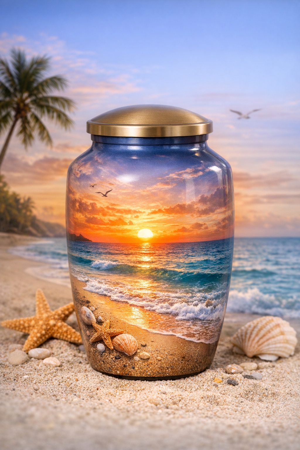 Beach Themed Cremation Urn for Ashes – Ocean Sunset Memorial Urn | Coastal Sea Funeral Urn for Human Ashes