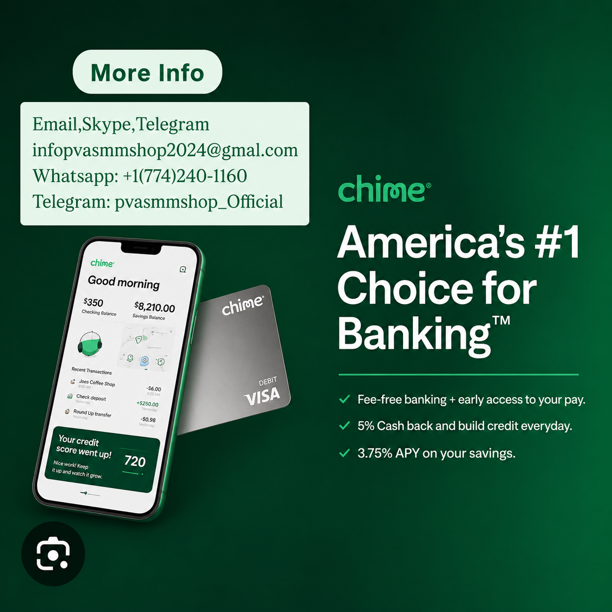 Buy 4 High Security Verified Chime Banking Accounts