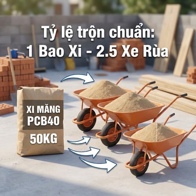 1 bao xi măng trộn bao nhiêu xe rùa cát cho nền bê tông chắc?