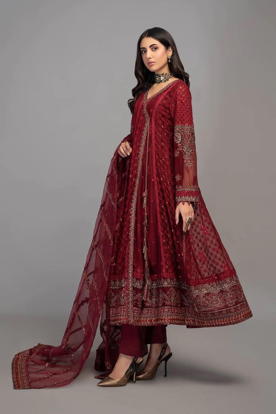 Maria B Chiffon Frock Suit Red SF-EF23-02 | Latest Pakistani Frock Maxi Designer Wear