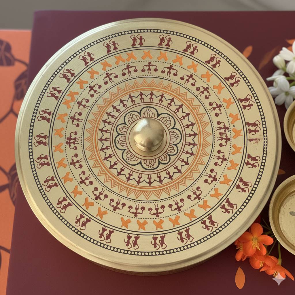 Brass Round Storage Box-Worli Art Design-Gift Set