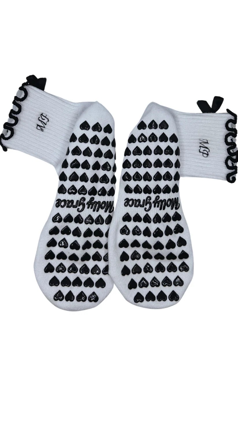 Black Ruffle Non-Slip Grip Socks with Butterfly Design
